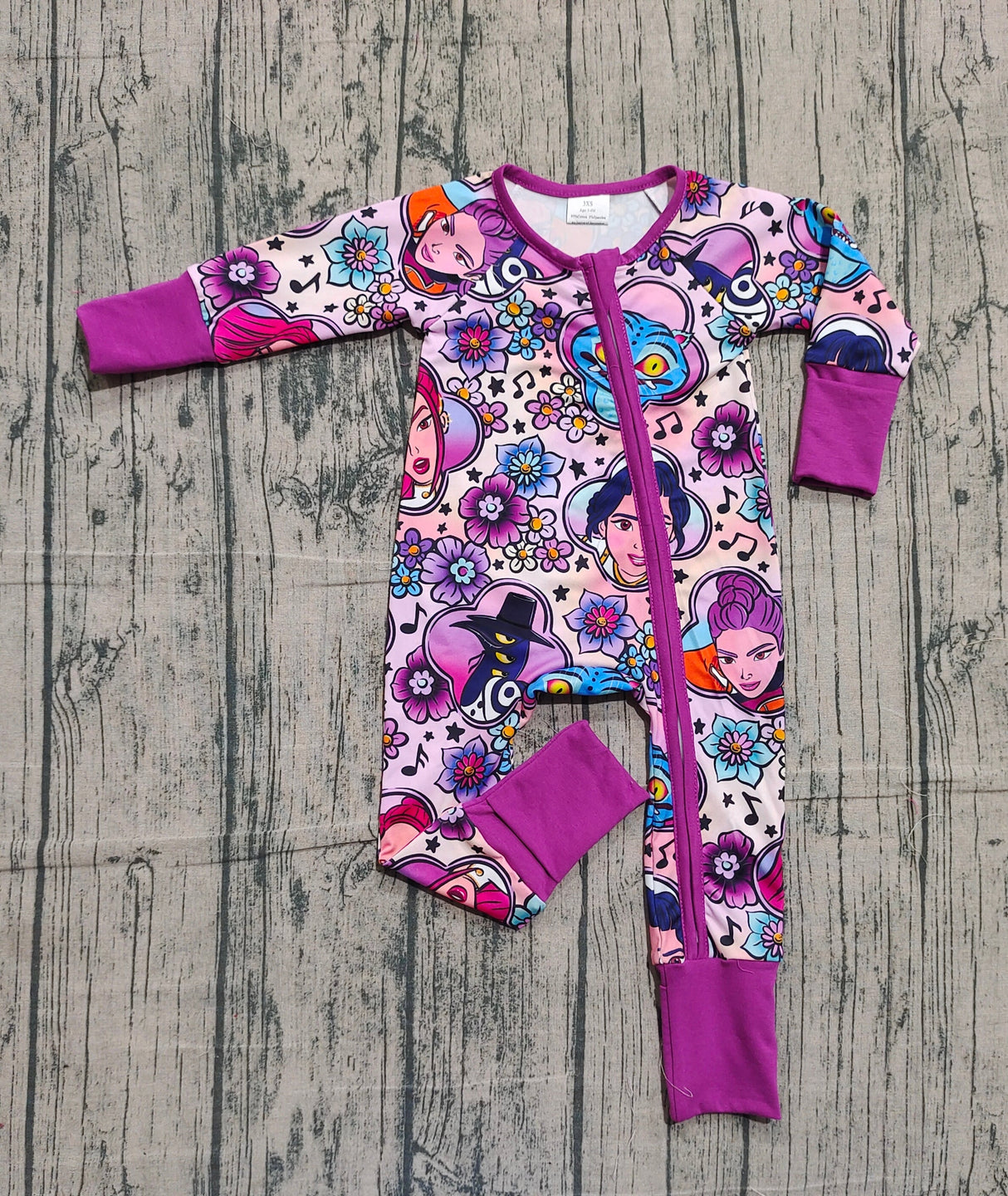 Purple long sleeves floral music baby girls zipper romper