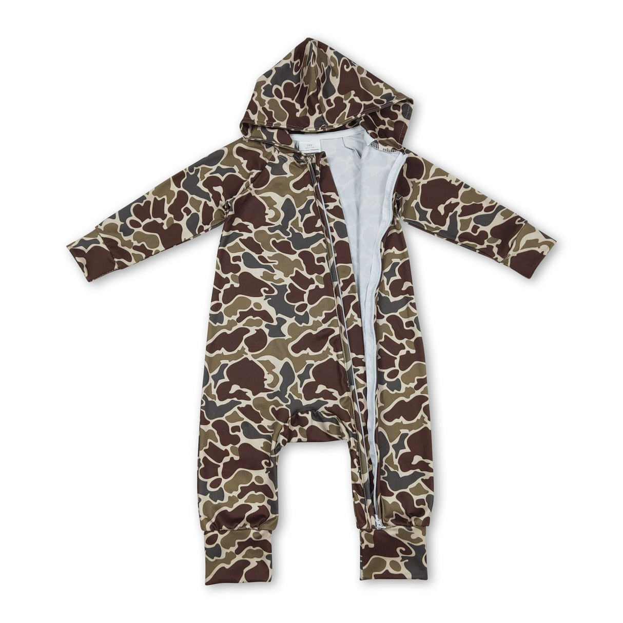 Long sleeves dark brown camo zipper baby hooded romper
