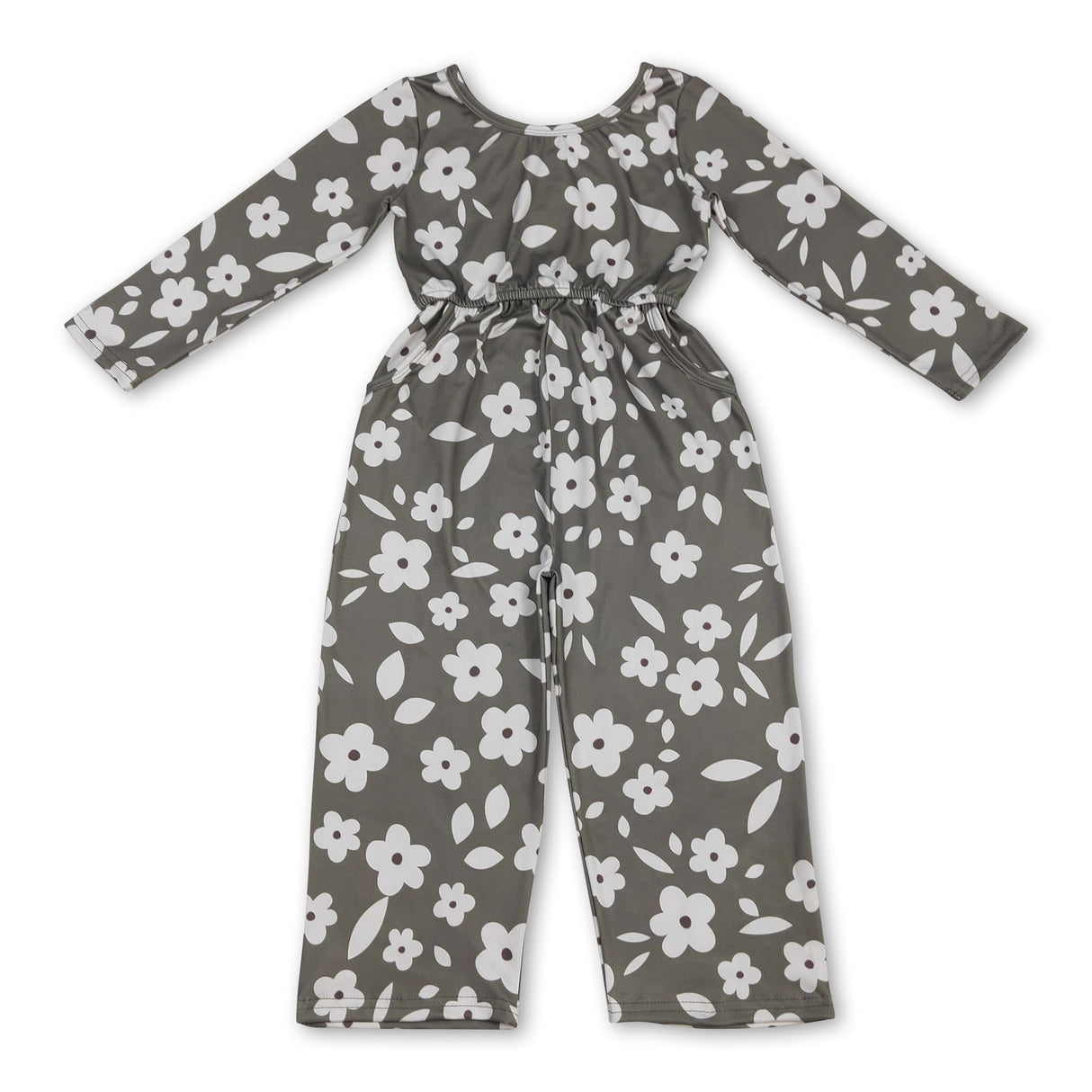 Long sleeves floral pockets kids girls jumpsuit