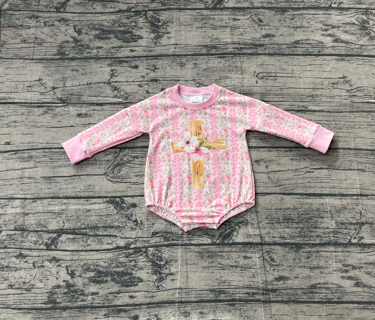 Long sleeves pink floral cross baby girls Easter romper