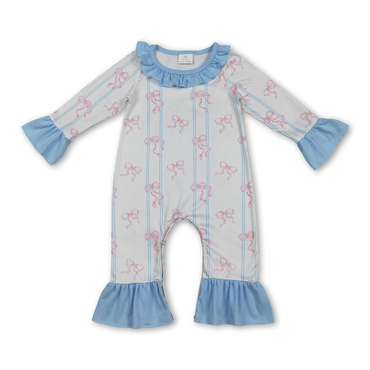 Long sleeves pink bow stripe ruffle baby girls romper