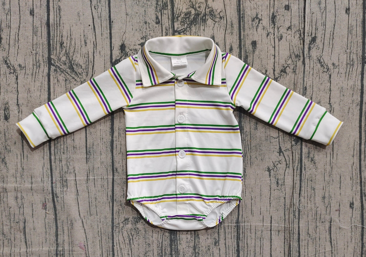 Purple green yellow stripe boy Mardi Gras polo romper