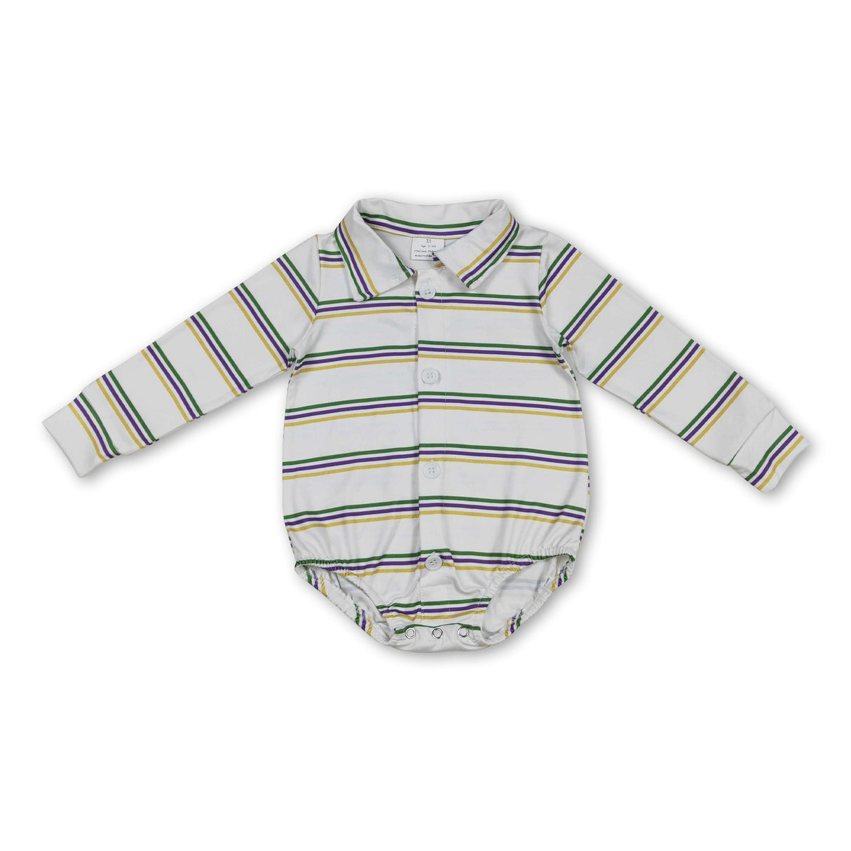 Purple green yellow stripe boy Mardi Gras polo romper