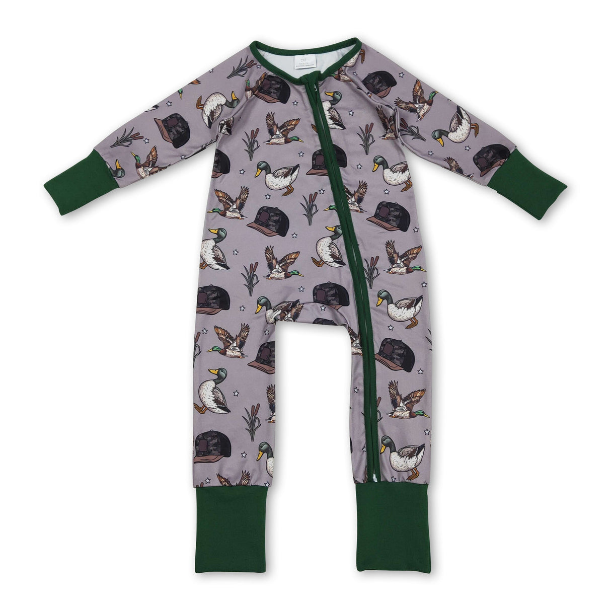Long sleeves green duck camo hat baby girls zipper romper