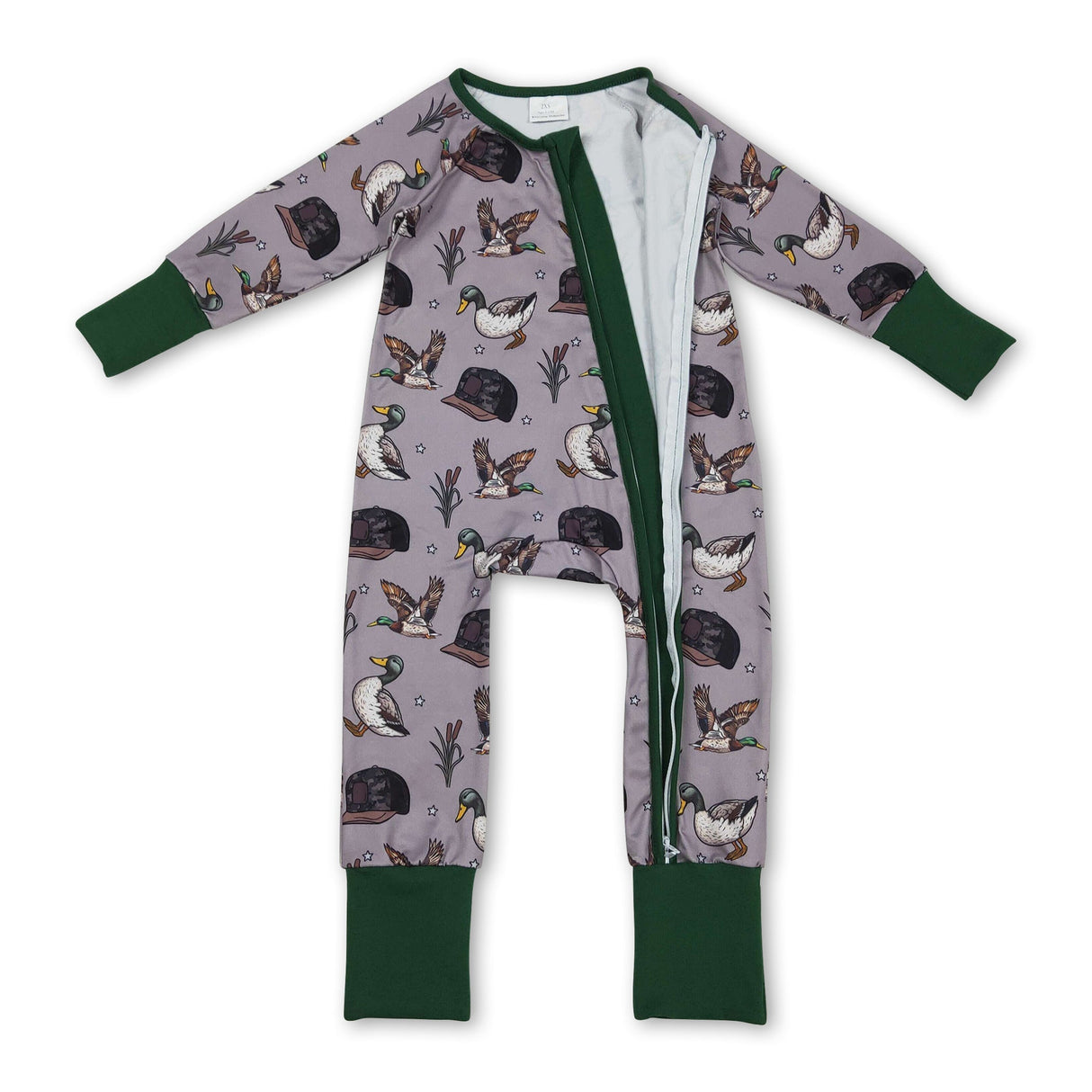 Long sleeves green duck camo hat baby girls zipper romper