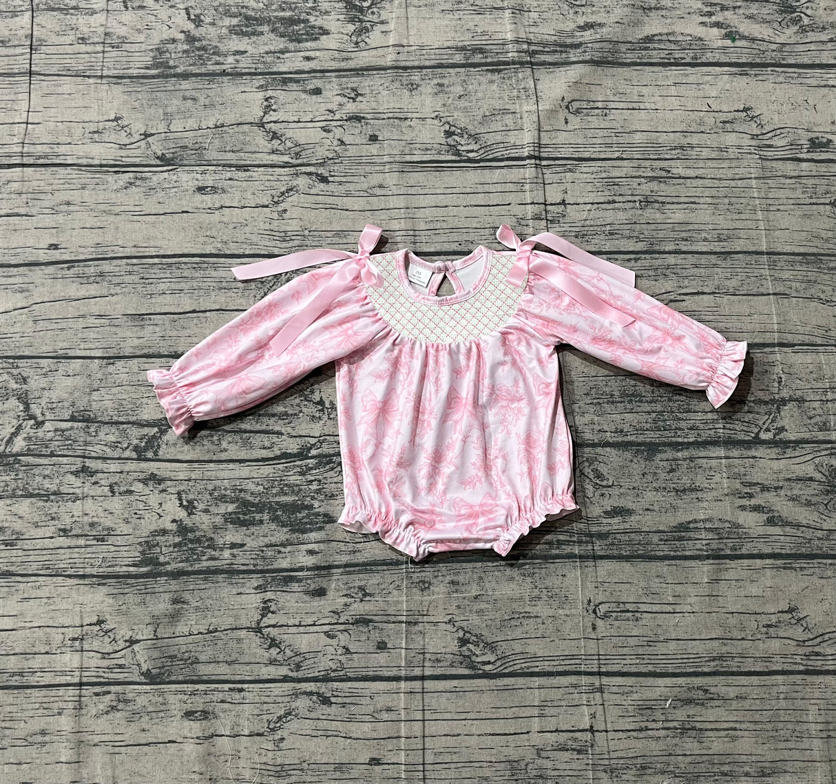 Long sleeves pink smocked bow floral baby girls romper