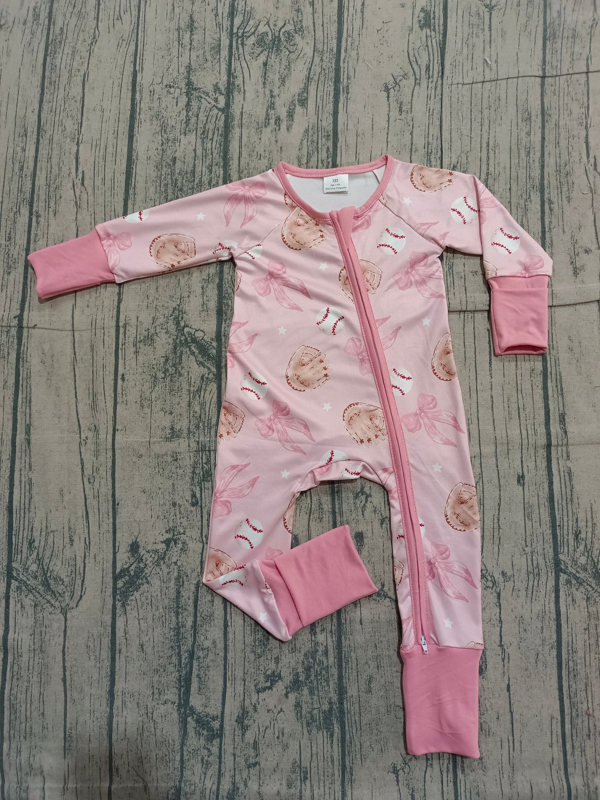 Long sleeves pink bow baseball baby girls zipper romper
