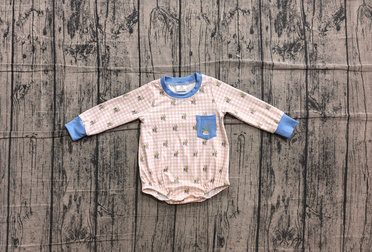 Long sleeves duck embroidery pocket plaid baby boy romper