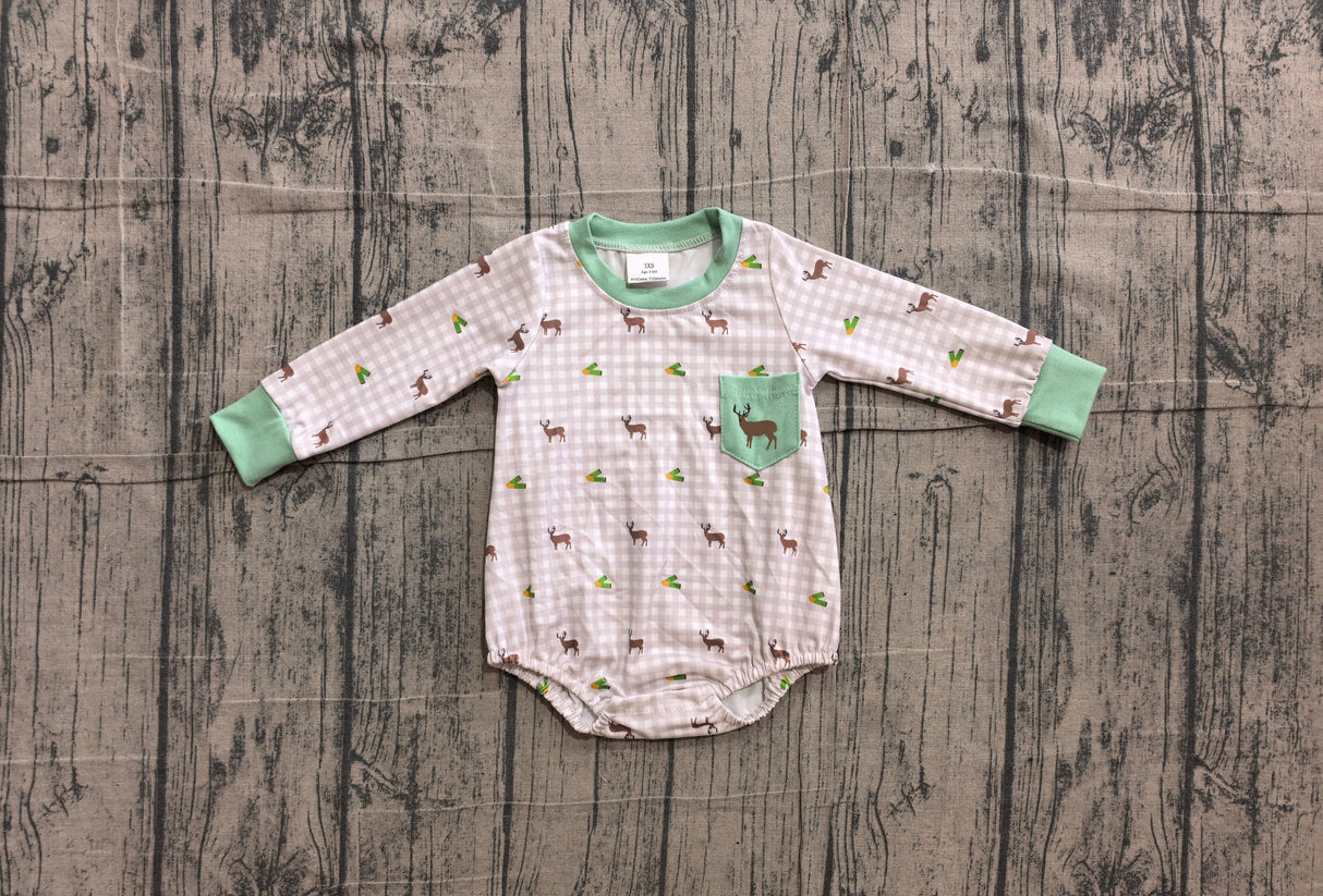 Long sleeves deer embroidery pocket plaid baby boy romper