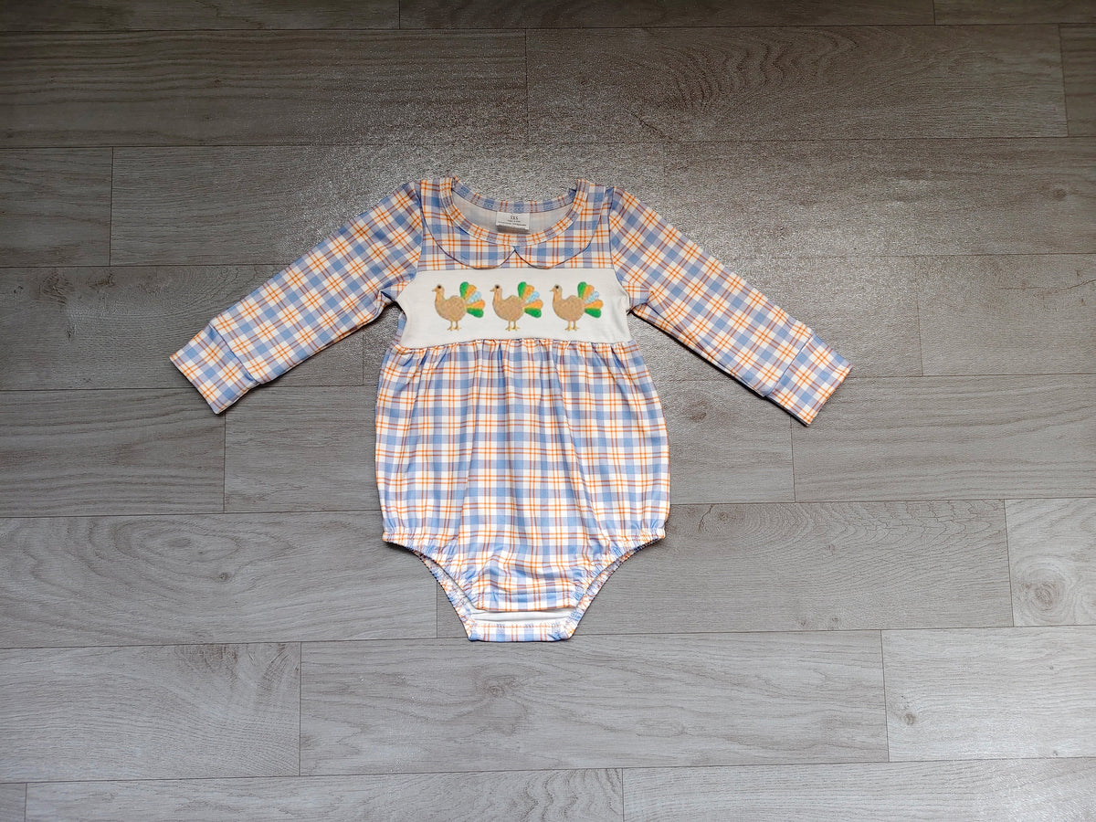 Plaid turkey embroidery girls Thanksgiving romper