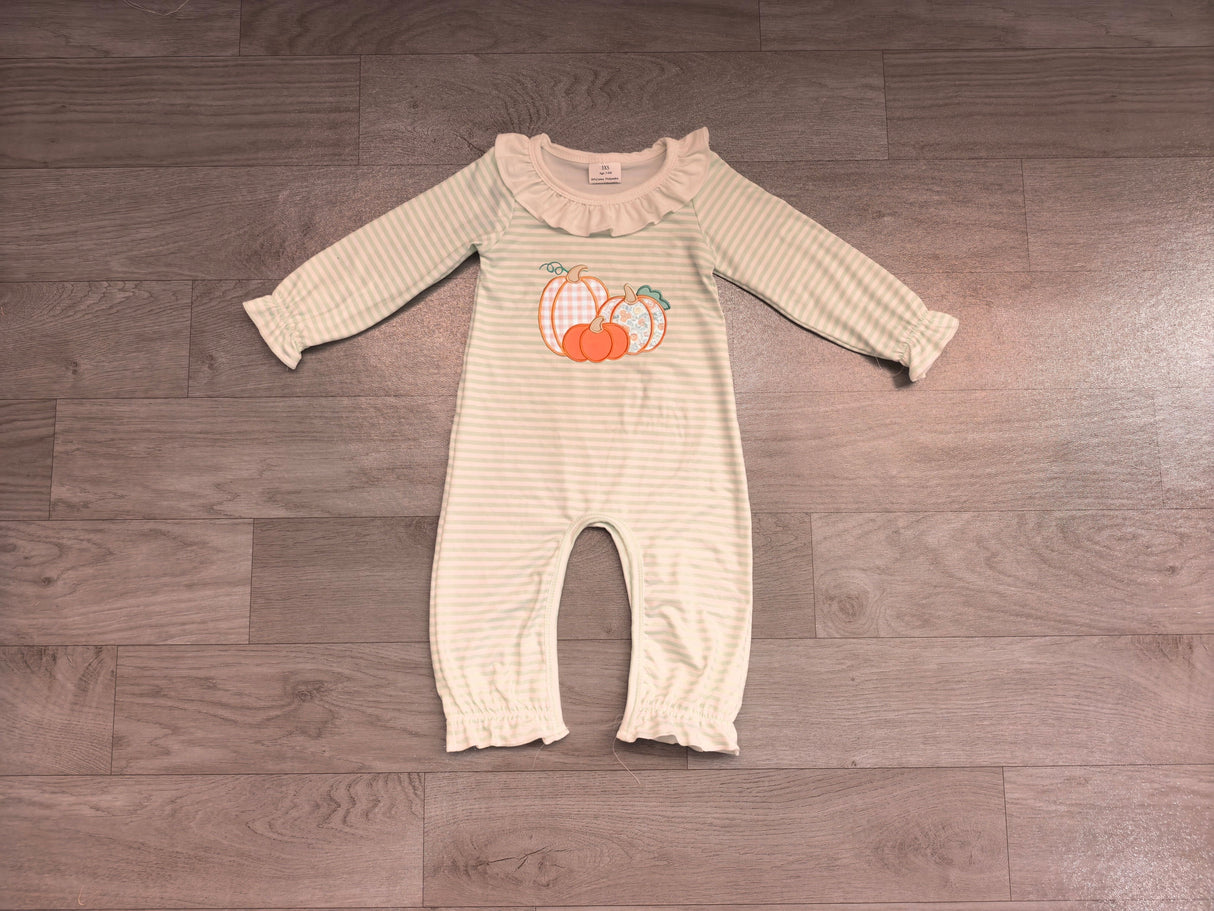 Long sleeves stripe pumpkin embroidery girls fall romper