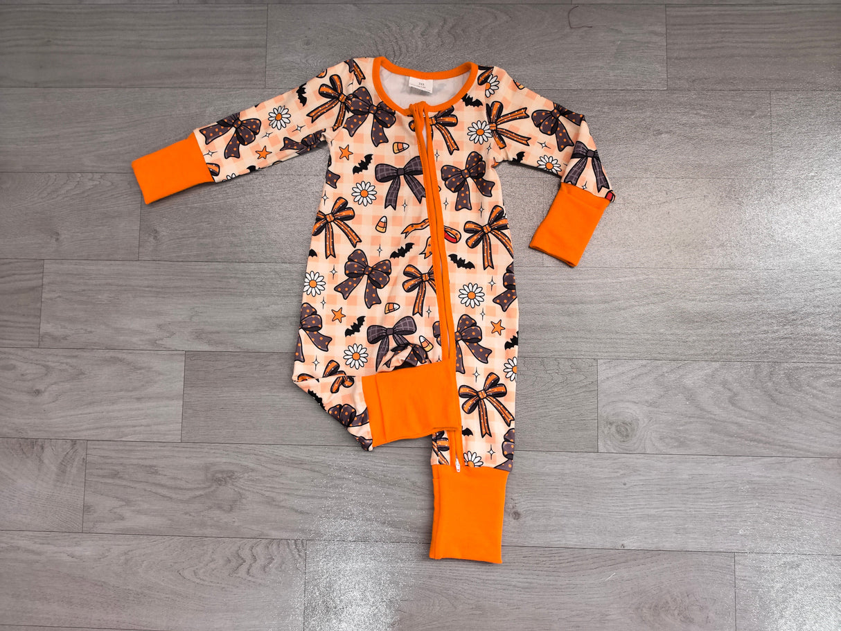 Plaid bow candy corn baby Halloween zipper romper
