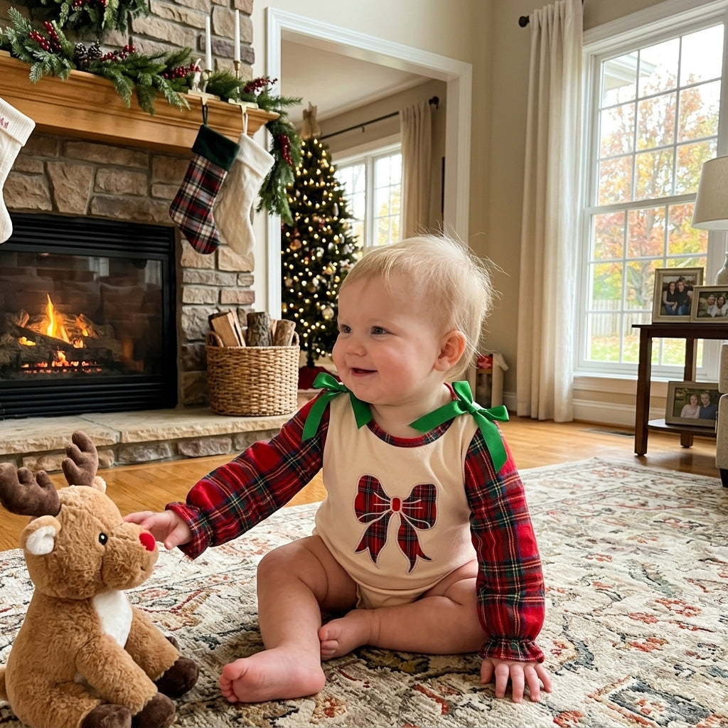 Red plaid bow long sleeves baby girls Christmas romper