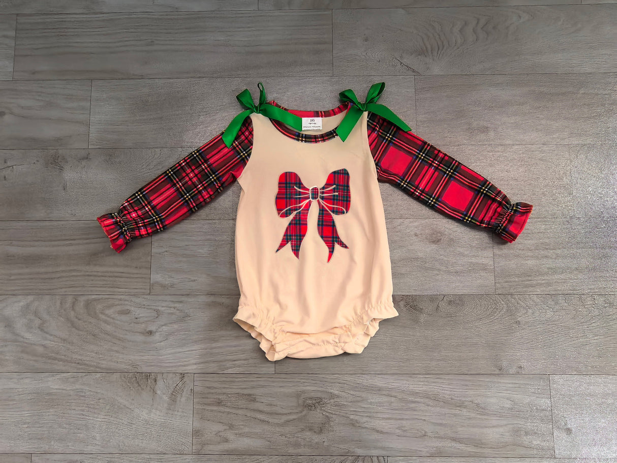 Red plaid bow long sleeves baby girls Christmas romper