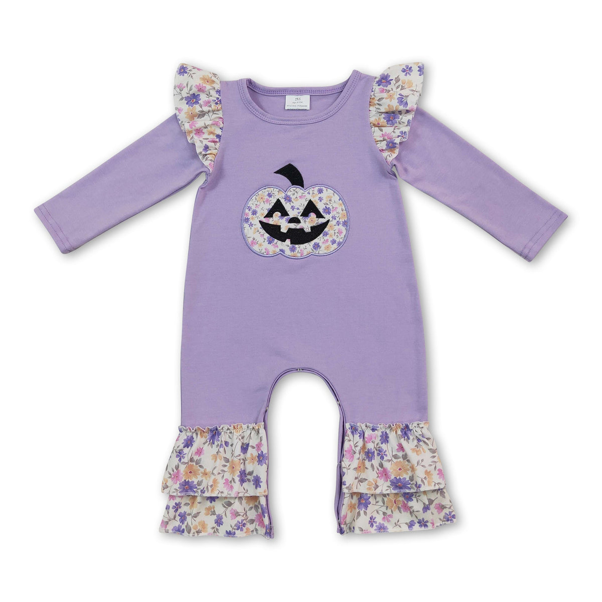 Lavender pumpkin floral embroidery girls Halloween romper