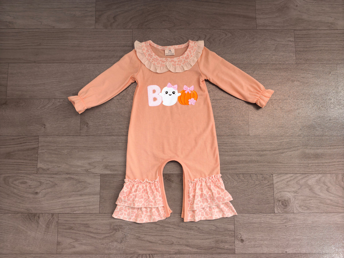 Ghost boo pumpkin leopard baby girls Halloween romper