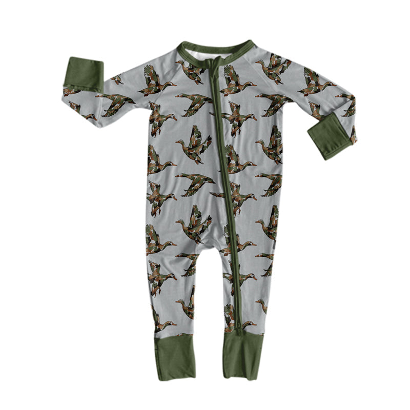 Green long sleeves camo duck baby boys zipper romper