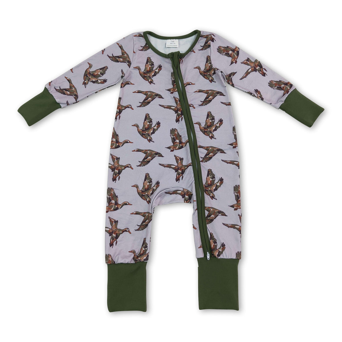 Green long sleeves camo duck baby boys zipper romper