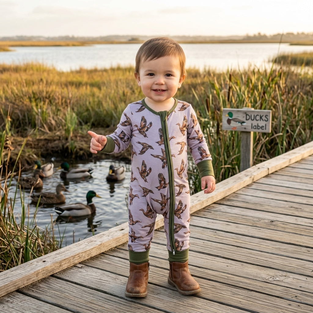 Green long sleeves camo duck baby boys zipper romper