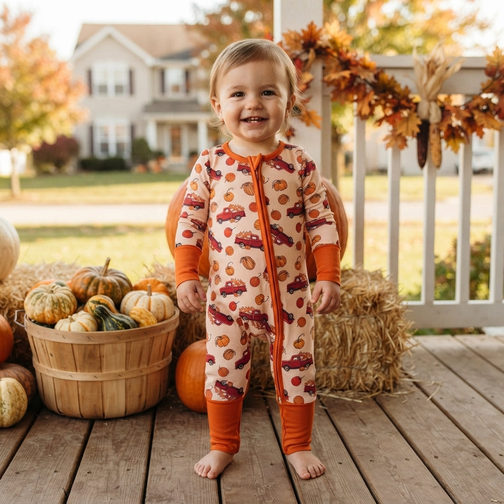 Long sleeves pumpkin truck baby fall zipper romper
