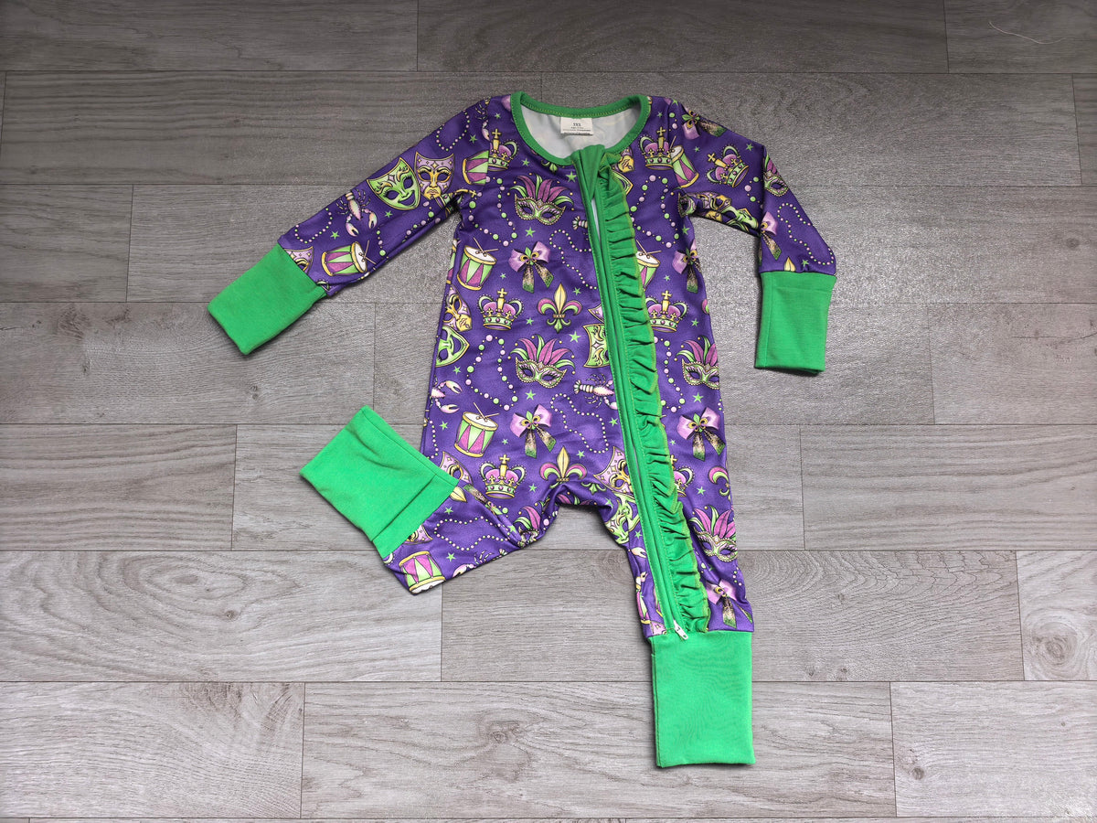 Necklace bow ruffle baby girls Mardi Gras zipper romper