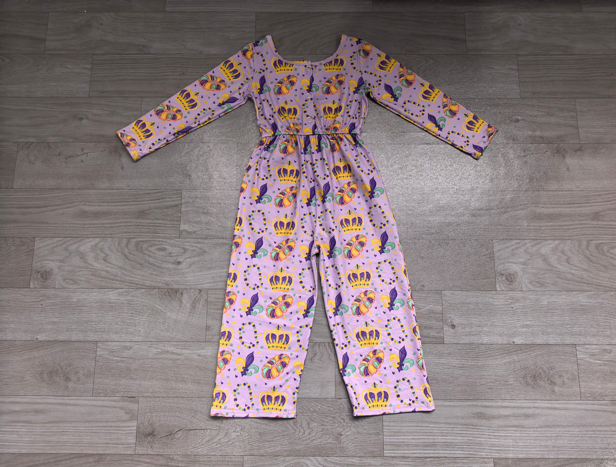 Long sleeves crown donut girls Mardi Gras jumpsuit