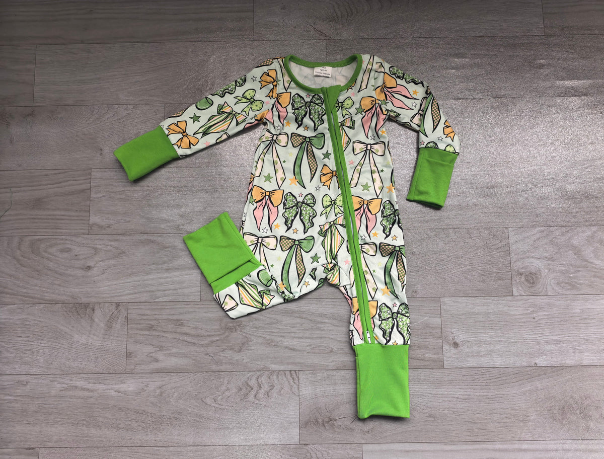 Green bows baby girls St Patrick's zipper romper