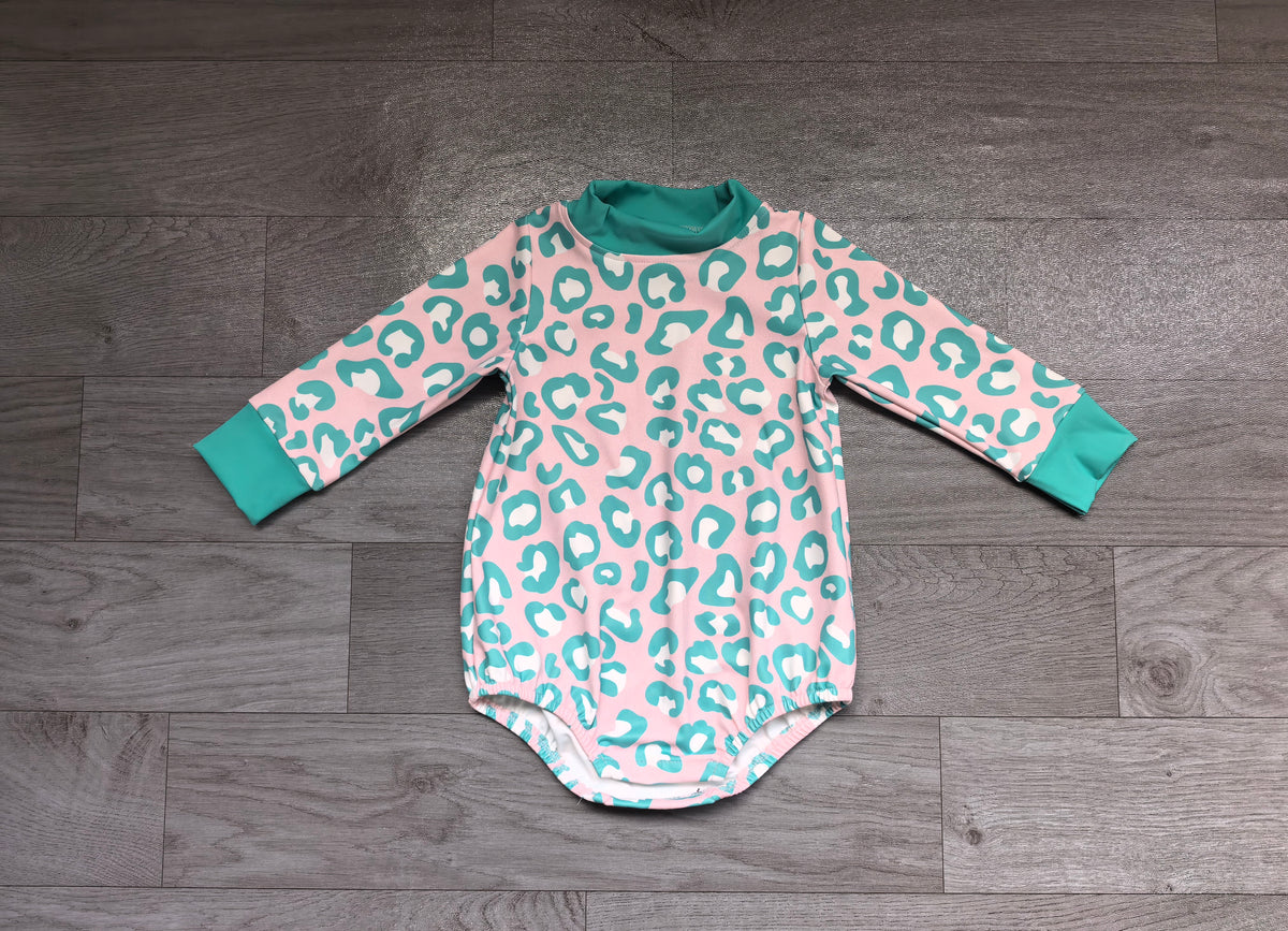 Mint leopard camo baby boy active mock neck romper