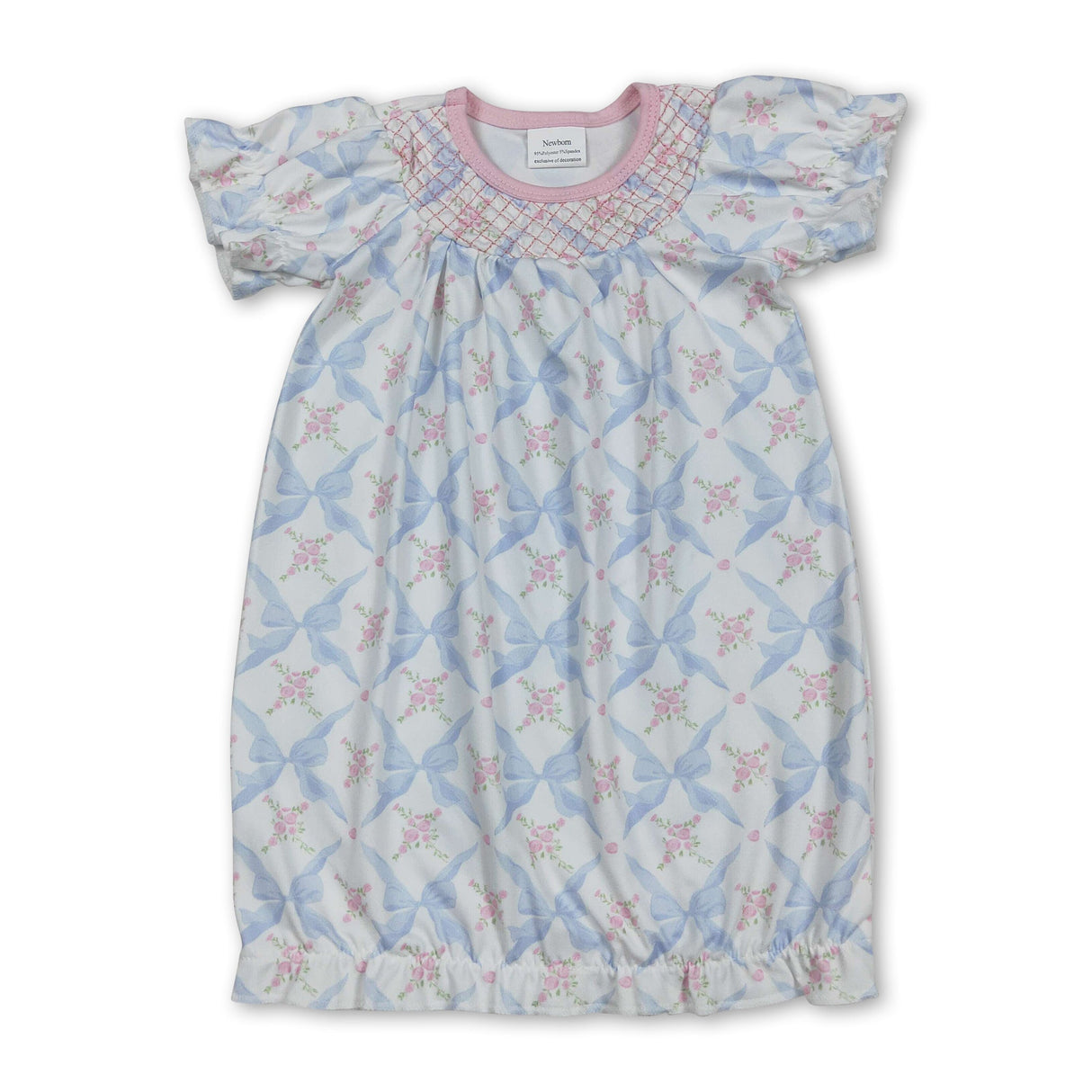 Short sleeves floral bow embroidery baby gown