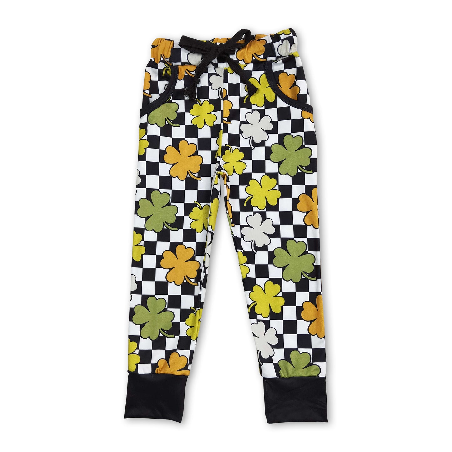 Black plaid clover pocket baby kids st patrick's day pants