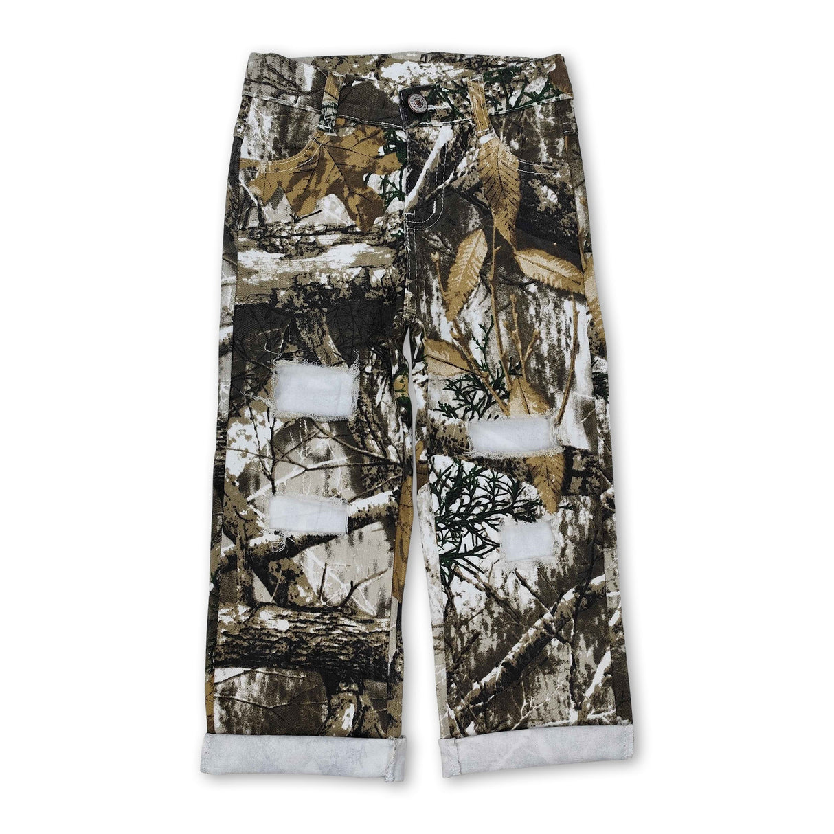 Leaves hole denim pants kids boys hunting jeans