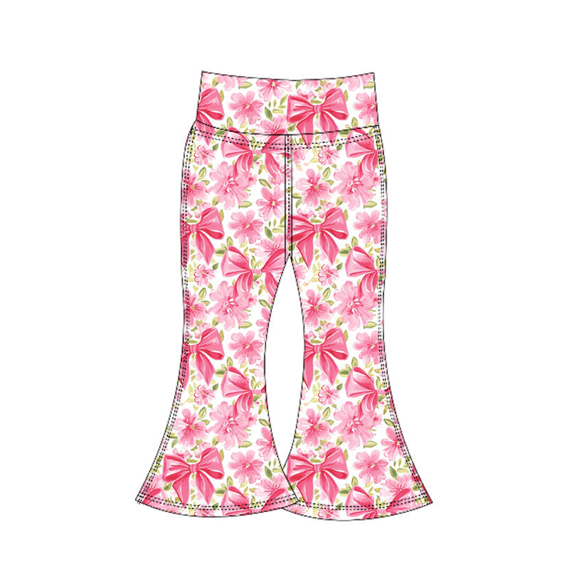 Pink floral bow kids girls bell bottom yoga pants