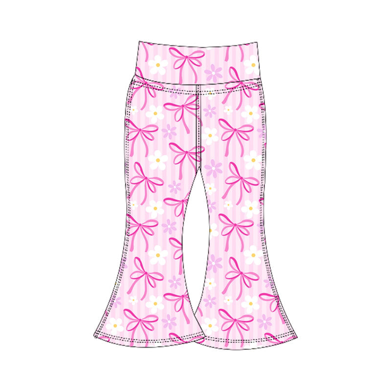 Stripe pink floral bow kids girls bell bottom yoga pants