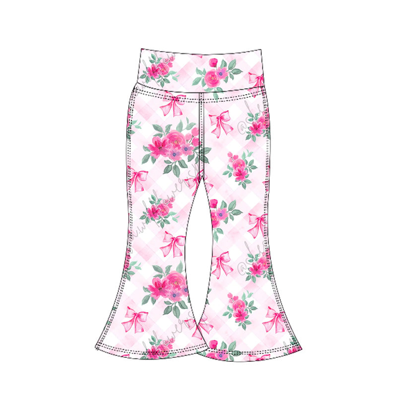 Plaid pink floral bow kids girls bell bottom yoga pants