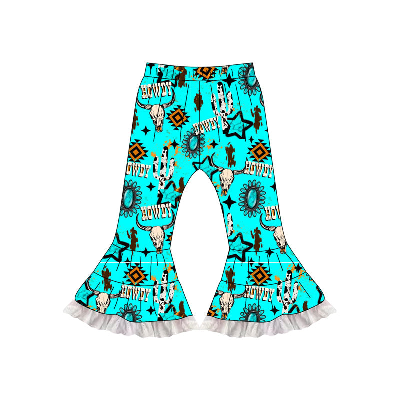 Cow cactus bull skull turquoise western girls ruffle pants