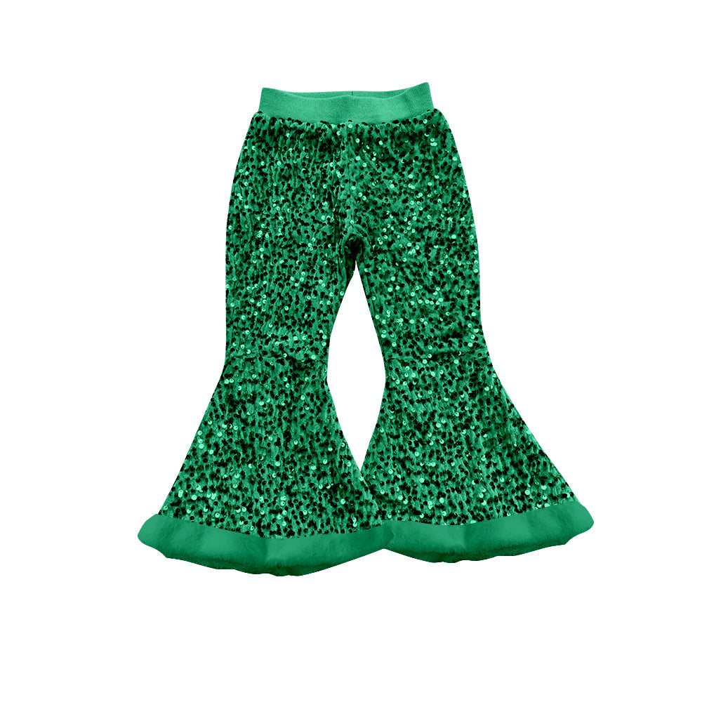 Green sequin lining fur bottoms baby girls pants