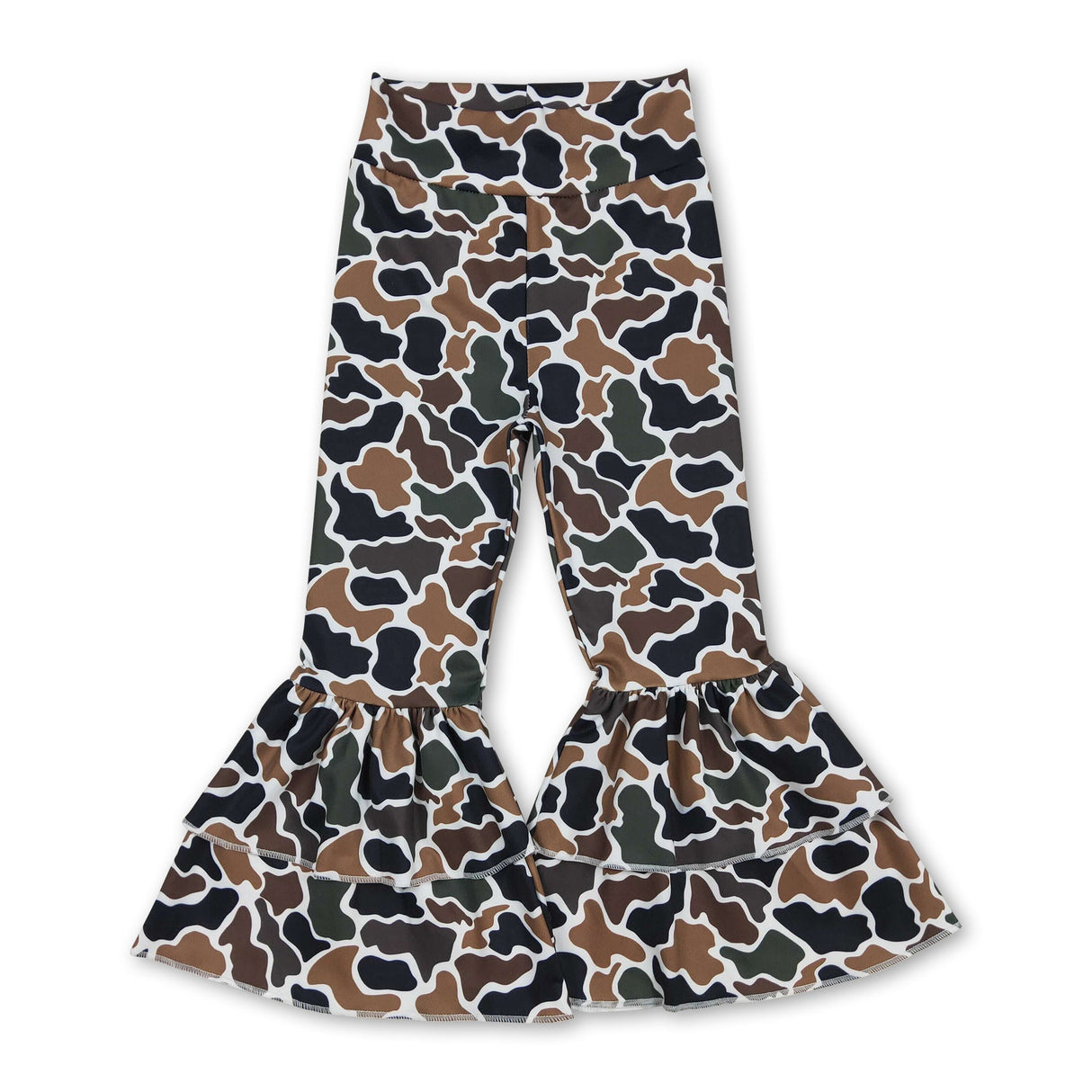 Brown camo kids girls yoga ruffle bell bottom pants