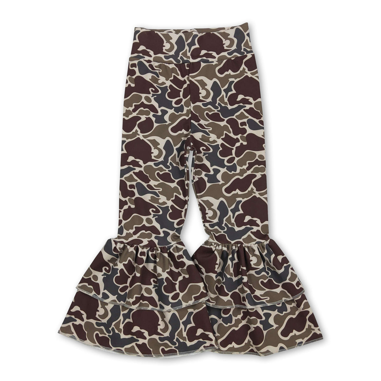 Brown camo double ruffle kids girls active yoga pants