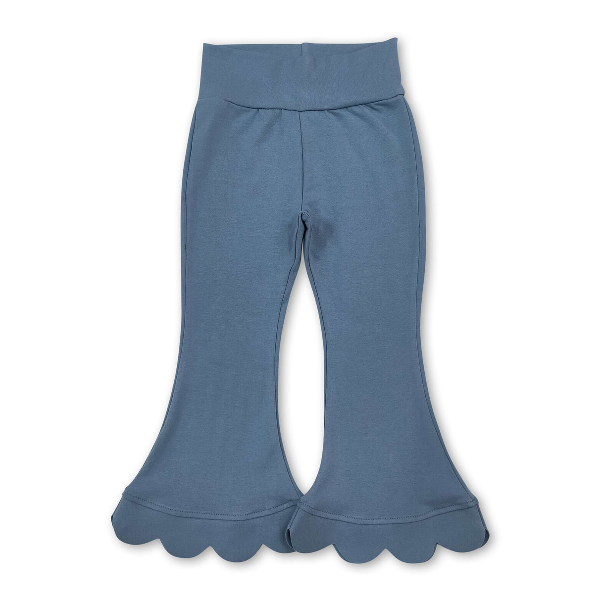 High waist blue cotton scallop kids girls flare pants