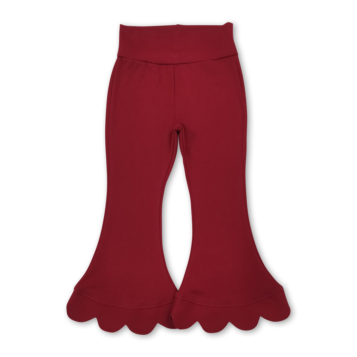 High waist dark red cotton scallop kids girls flare pants