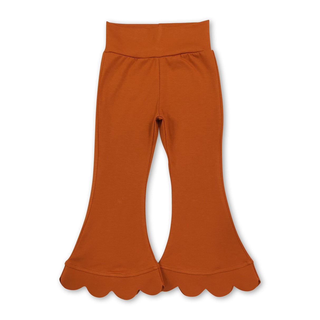 High waist brown cotton scallop kids girls flare pants