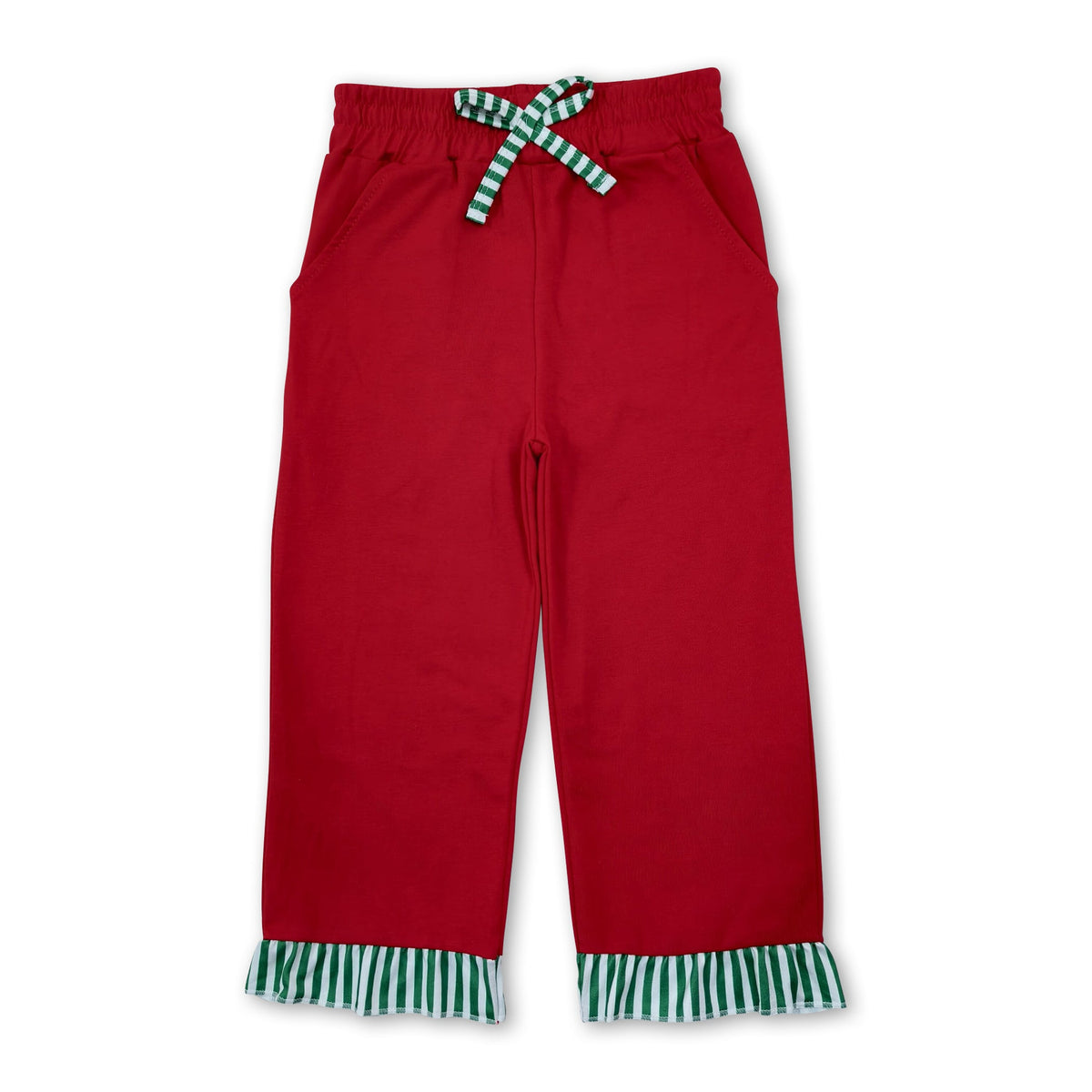 Green stripe ruffle red cotton pockets girls Christmas pants