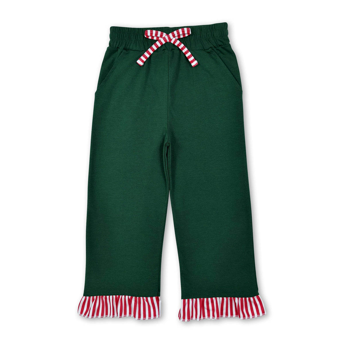 Green cotton red stripe ruffle kids girls pants