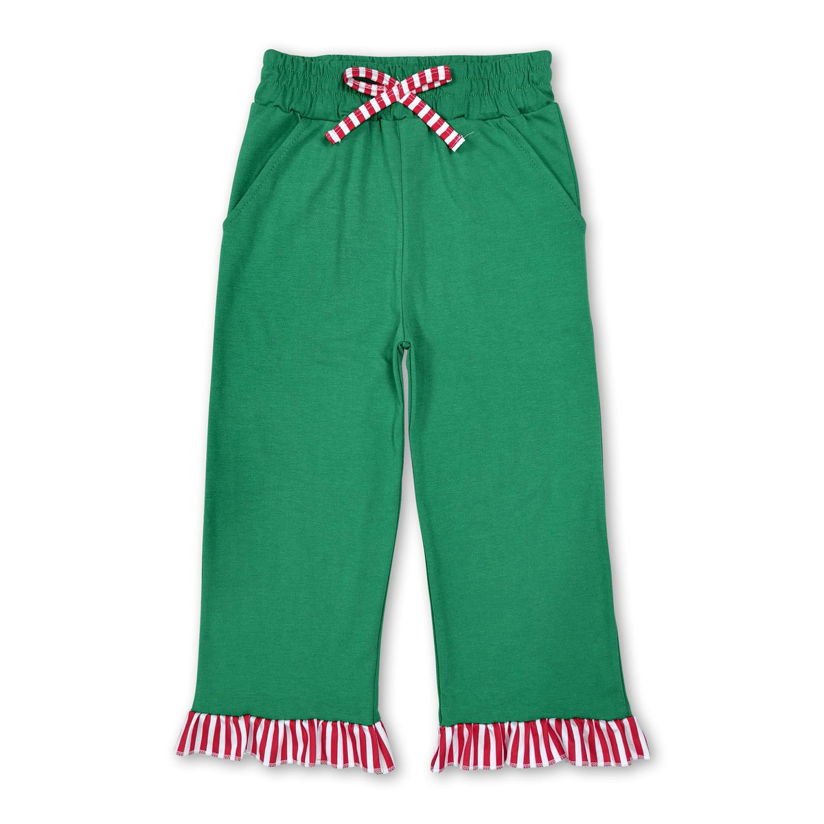Red stripe ruffle green cotton pockets girls Christmas pants