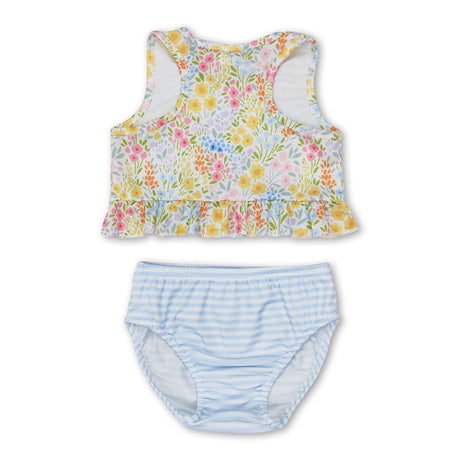 Sleeveless floral top stripe bottom girls swimsuit