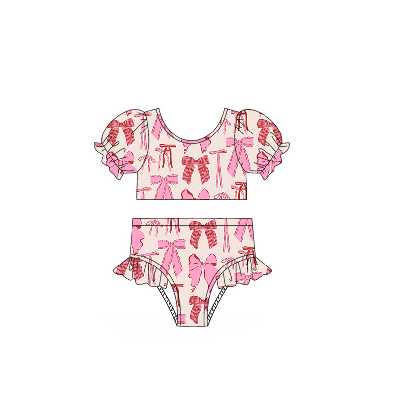 Short sleeves pink bow kids girls summer swimsuit
