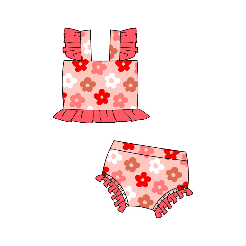 Flutter sleeves floral kids girls 2 pcs summer swimsuit