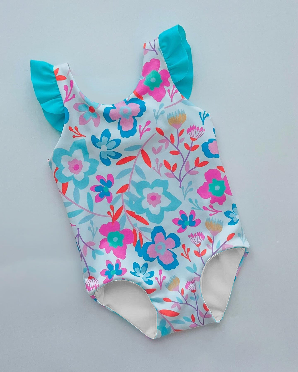 Aqua flutter sleeves floral baby girls summer swimsuit