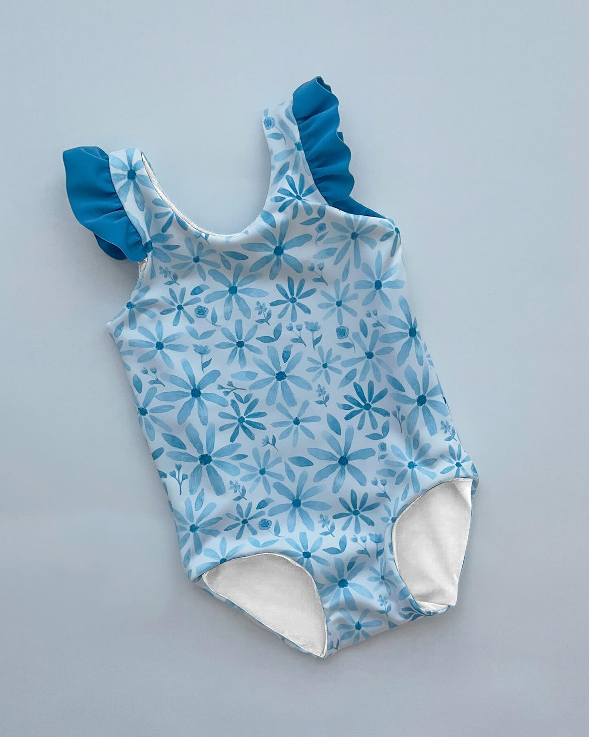 Blue flutter sleeves floral baby girls summer swimsuit