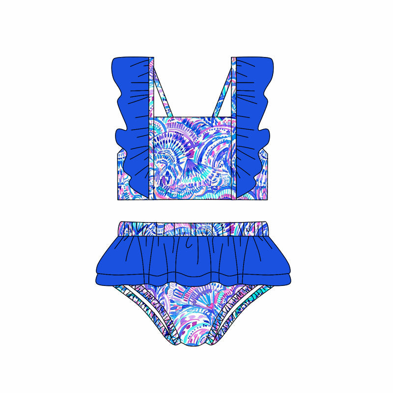 Blue flutter sleeves ruffle watercolor girls summer swimsuit